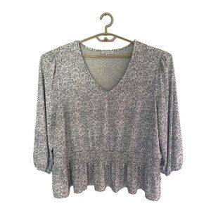 Ophelia Roe Plus Size‎ 3X 3/4 Sleeve Black White Floral Peplum top Stretch Fairy